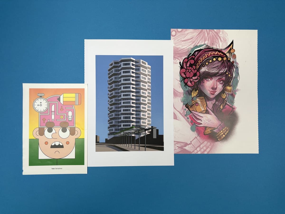 Three digital art prints in different sizes printed on fine art paper by Ex Why Zed, showing how print size affects the cost of printing digital art in the UK.