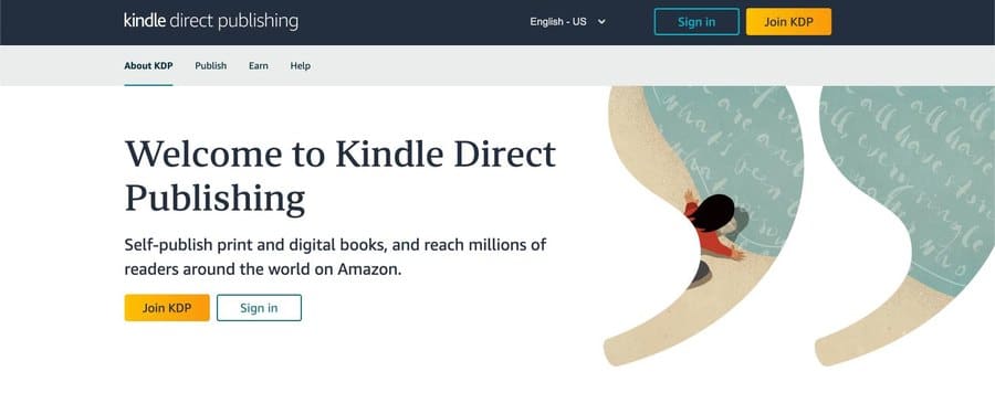 Screenshot of the Kindle Direct Publishing homepage, Amazon’s self-publishing platform