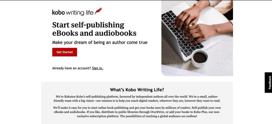Screenshot of the Kobo Writing Life homepage, Rakuten Kobo’s self-publishing platform