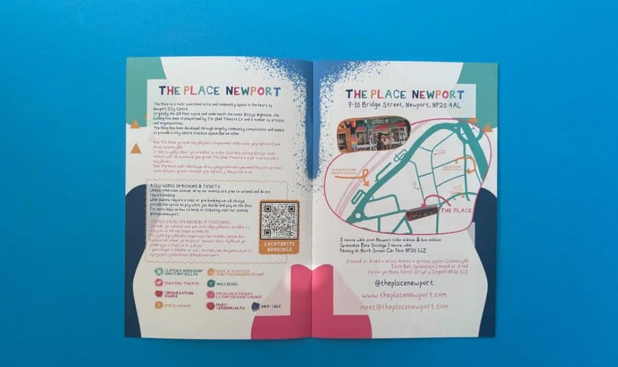 An open programme booklet spread for The Place Newport, showing two facing pages that are exported as single pages for print