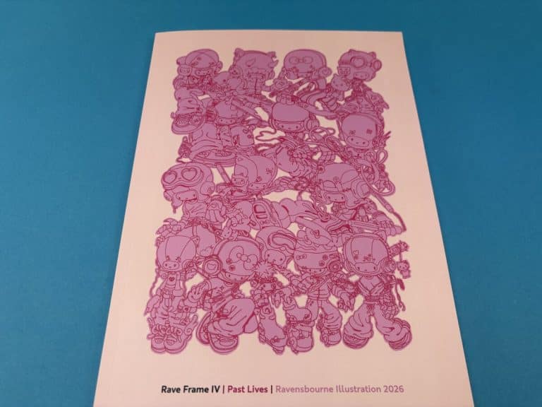 Front cover of Rave Frame IV, the Ravensbourne Illustration 2026 degree show catalogue, printed by Ex Why Zed.