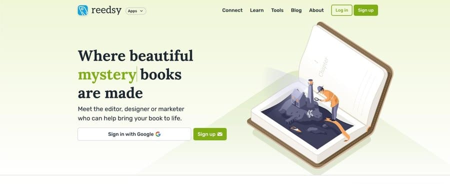 Screenshot of the Reedsy homepage, a marketplace connecting authors with publishing professionals