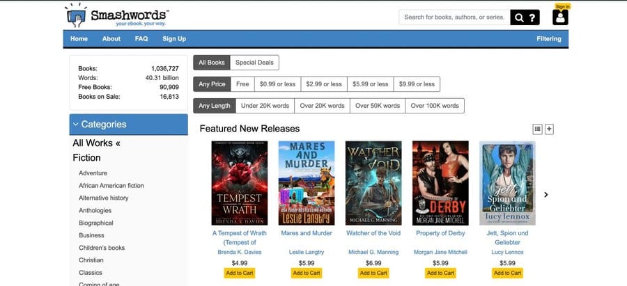 Screenshot of the Smashwords homepage, an independent ebook publishing and distribution platform