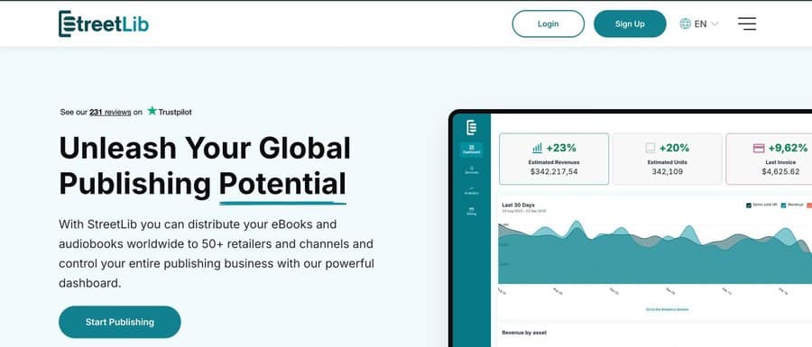 Screenshot of the StreetLib homepage, a multilingual global self-publishing platform