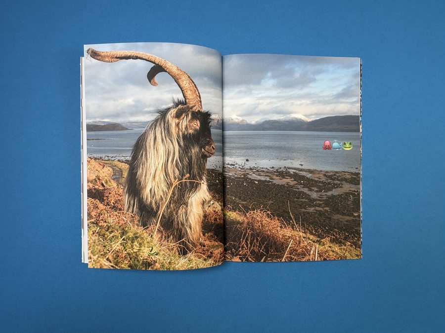 A photobook spread with a wild goat on the left-hand page, kept well clear of the perfect binding’s spine gutter.
