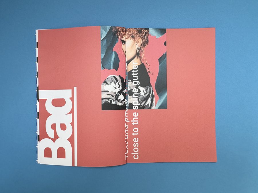A perfect bound spread marked ‘Bad’, with white text and a photo disappearing into the spine gutter.
