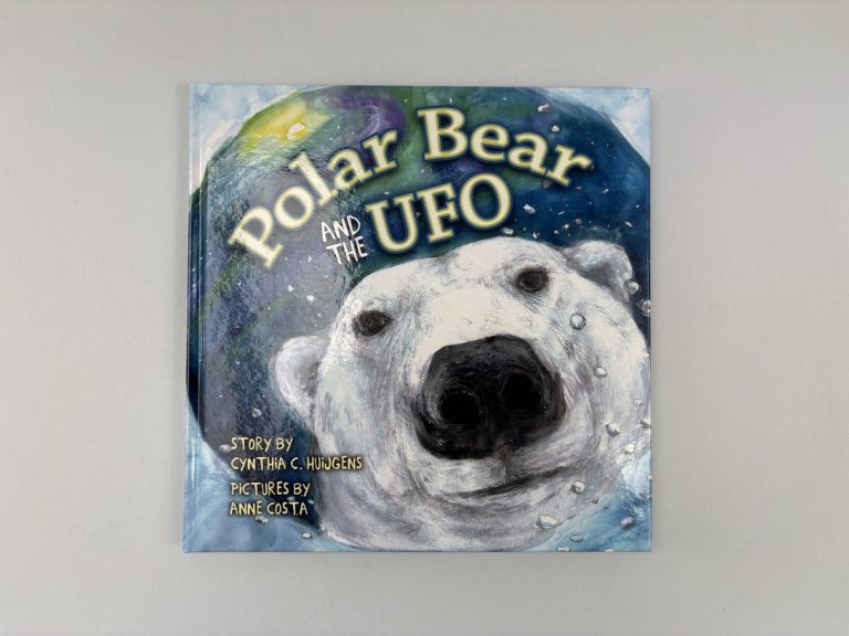 Square hardback children's book cover with a painted polar bear face and the title Polar Bear and the UFO, on grey