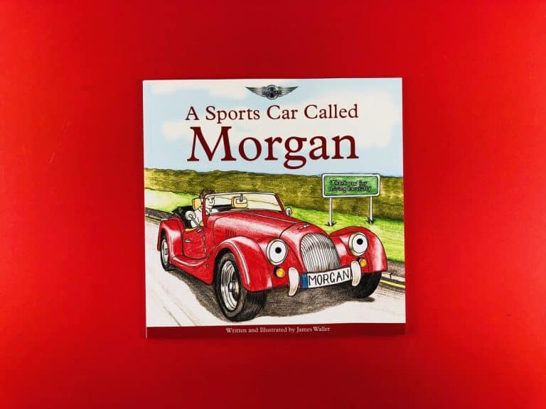 Cover of A Sports Car Called Morgan, a square children’s book with a smiling red roadster drawn in coloured pencil.