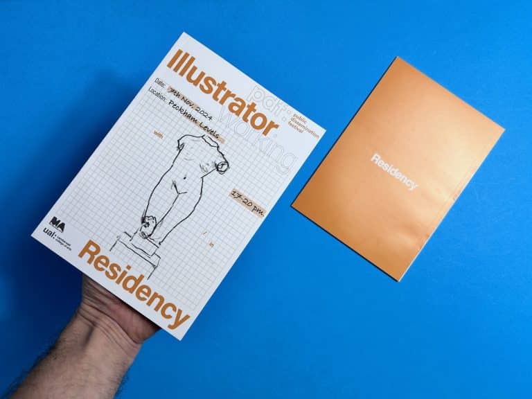 Hand holding an A5 exhibition catalogue with a pencil torso drawing on grid paper, next to its solid orange back cover.