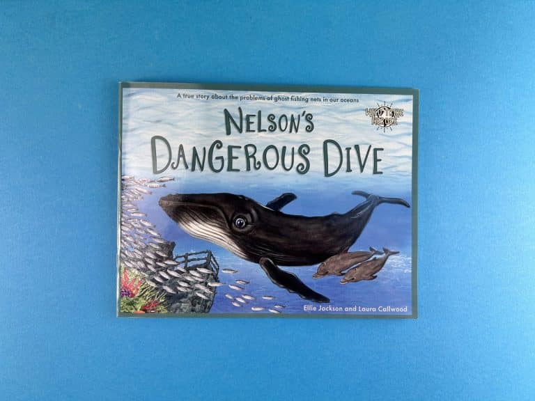 Landscape children’s picture book Nelson’s Dangerous Dive, a painted humpback whale and silver fish on the cover.