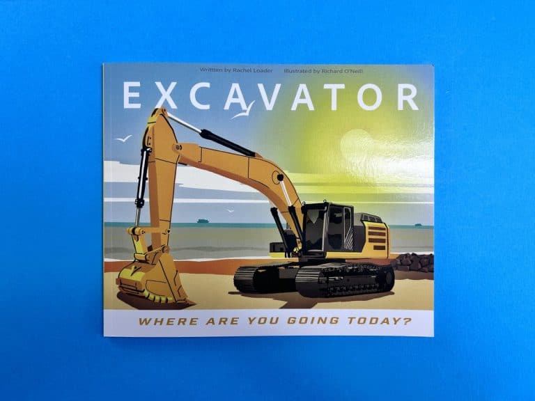 Landscape picture book Excavator with a gloss laminated cover: a yellow digger on a beach under a hazy lime sun.