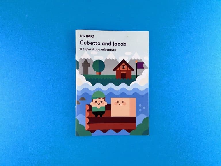 A5 personalised children's storybook cover with Cubetto the wooden robot and a boy on a raft below snowy mountains