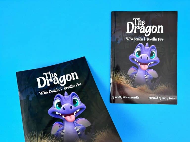 Two copies of The Dragon Who Couldn’t Breathe Fire, a gloss laminated children’s picture book with a purple dragon cover.