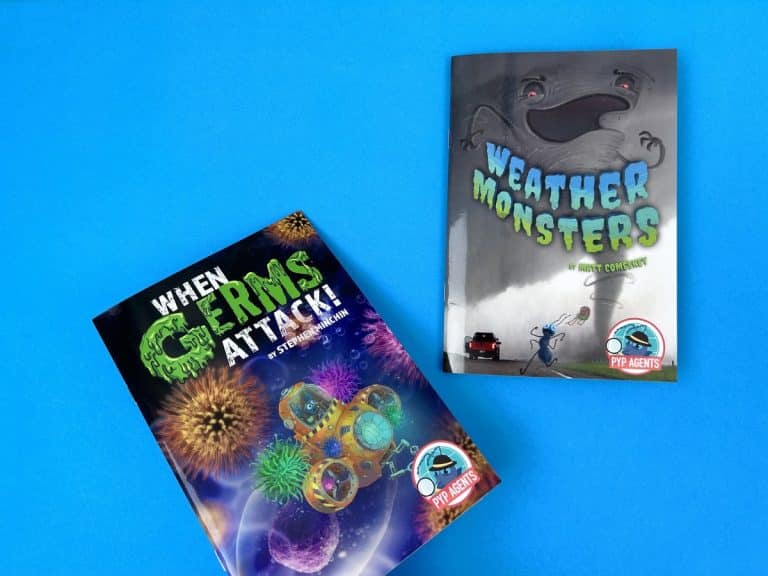 Two PYP Agents school readers, When Germs Attack! and Weather Monsters, with gloss-laminated covers side by side.