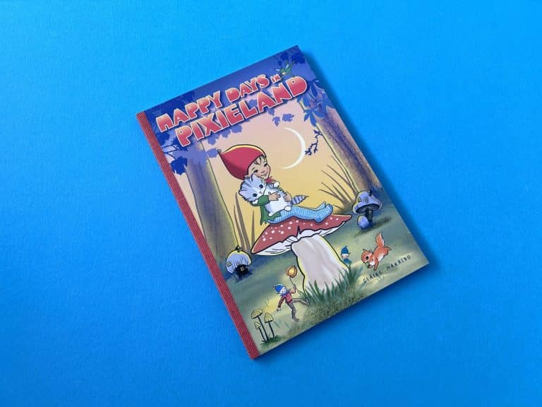 A5 children’s activity book cover: a pixie and kitten on a red toadstool under a crescent moon, retro red title.