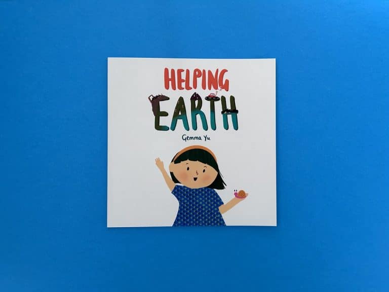 Square cover of Helping Earth by Gemma Yu, with a waving girl in a polka-dot dress below the hand-lettered title.