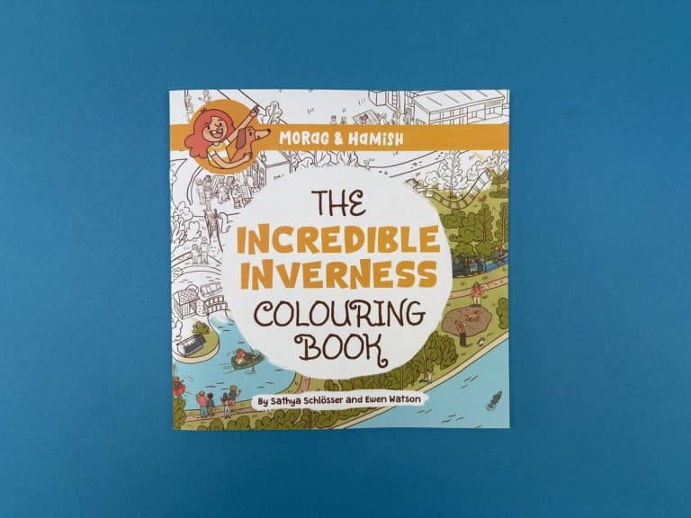 Square colouring book cover for Inverness, half line drawing and half coloured, under an orange Morag and Hamish banner