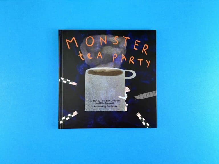 Monster Tea Party square hardback cover with an orange hand-lettered title above a giant mug on deep navy.