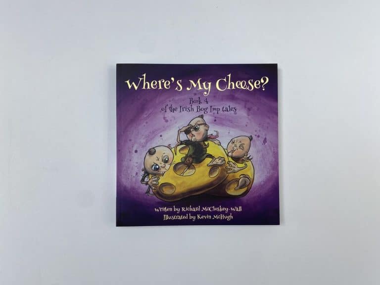Square children's picture book cover with three bog imps hugging a giant yellow cheese on a swirling purple background